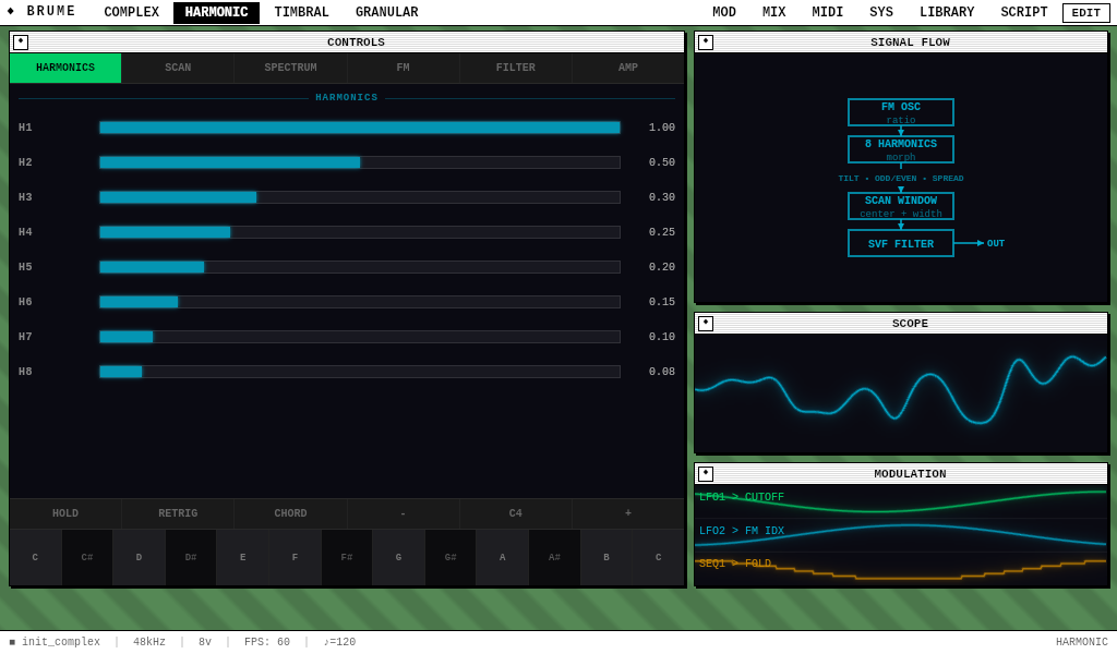 Brume running on a CM5 — Harmonic engine with oscilloscope, signal flow, and modulation windows