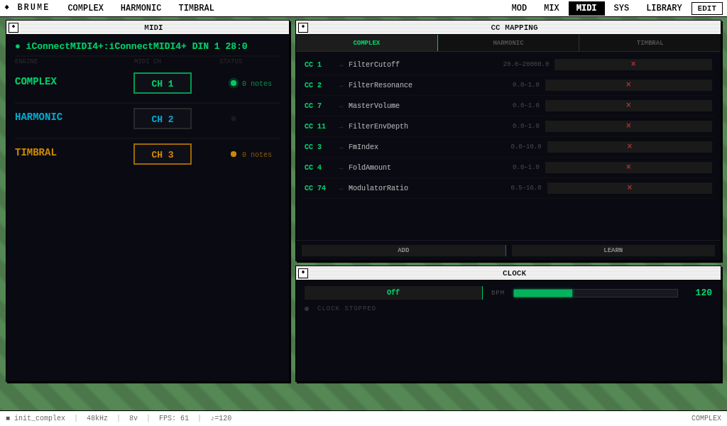 MIDI page — channel routing, CC mapping with the LEARN inline-capture card, and clock controls