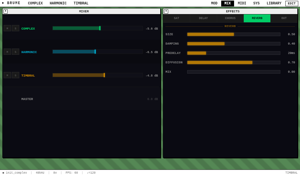 Mixer page — three-part level faders with mute/solo and effects panel showing reverb