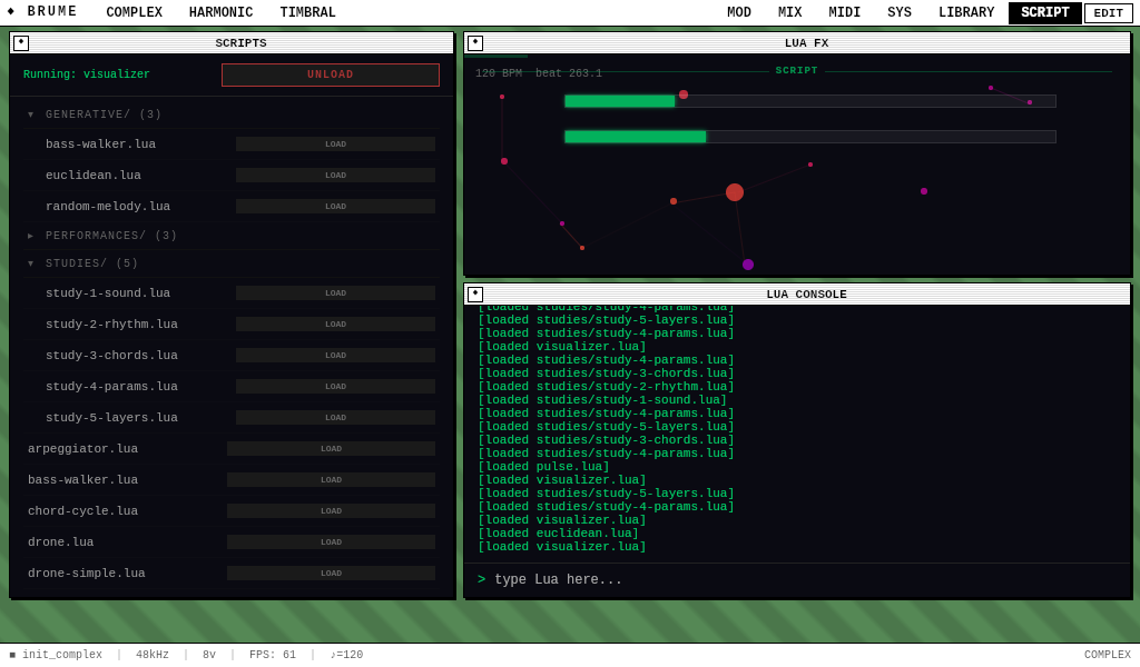 Script page — folder tree browser, Lua FX params, and console