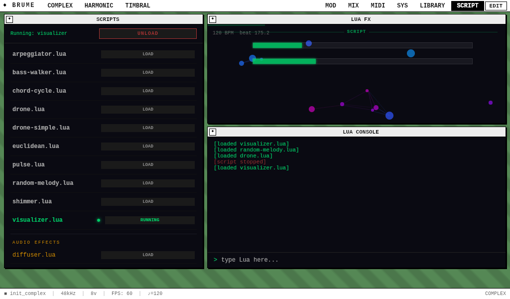 Script page — visualizer script with animated particle display and parameter controls